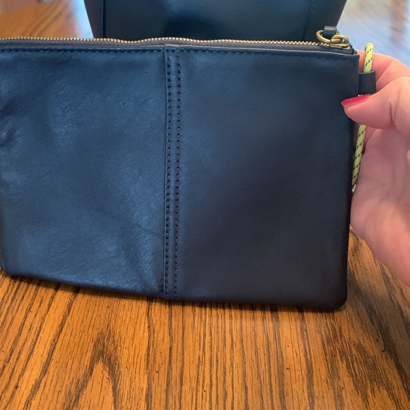 J. Crew Leather Tote with Zip Wallet, Navy. YELLOW detachable cord on wa… - Picture 7 of 16